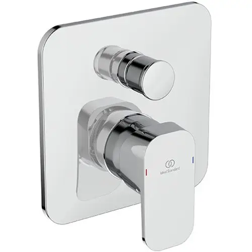 Chromene Wandarmatur mit einem zentralen Griff und einem weiteren Bedienelement, gestaltet von Ideal Standard, zur Steuerung von Wasserfluss und Temperatur.